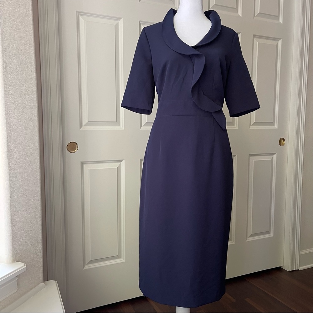 Maggy London Navy Sculpted Collar Midi Dress